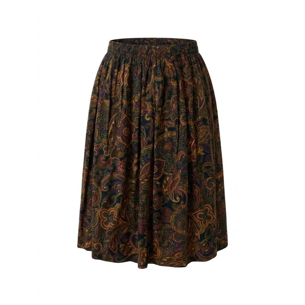 VTG  80s 90s Cristin Stevens Paisley Midi Skirt M L Elastic Waist Pleated Pocket